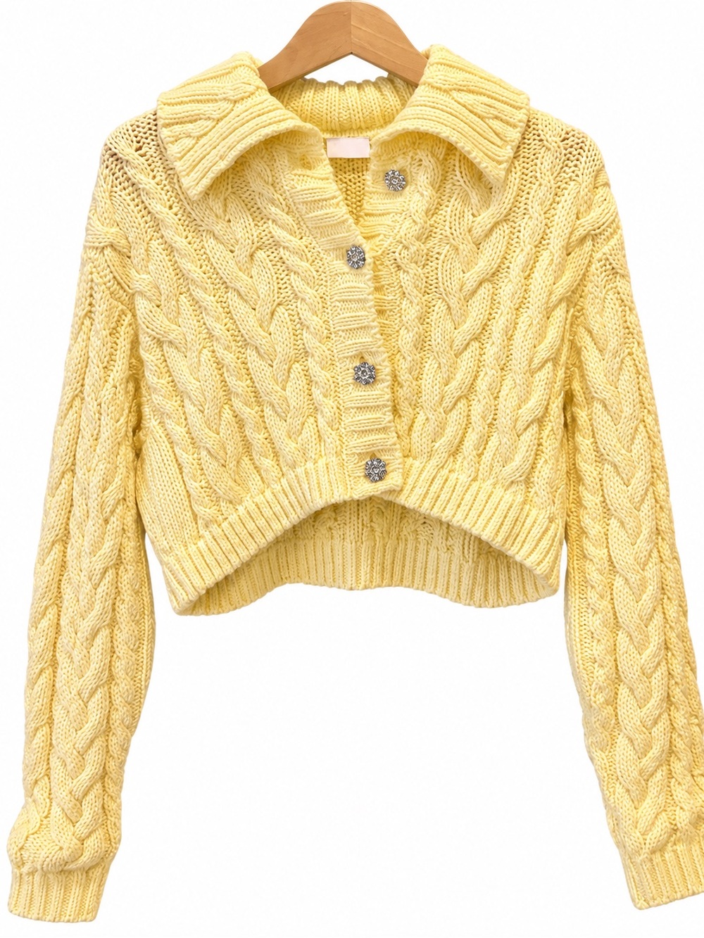 Yellow Cable Knit Cropped Cardigan Rhinestone Buttons Collared Sweater